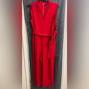 NWT Andrew Marc sleeveless Red Ruffled V-Neck wide leg Jumpsuit with Belt size16